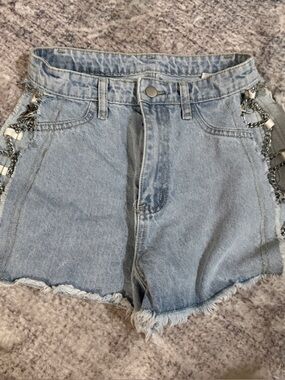 Women's Light Blue Denim Shorts with Chain Trim
